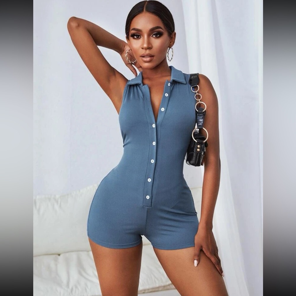 SHEIN Button Up Front Rib-Knit Romper